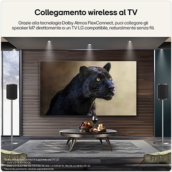 TV con pantera nera sullo schermo e due speaker wireless ai lati.