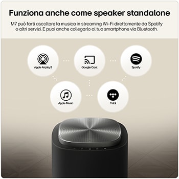 Speaker standalone con supporto ad Apple AirPlay, Google Cast, Spotify, Apple Music e Tidal.