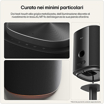 Primi piani del design del dispositivo LG M7, con texture, pulsanti e dettagli costruttivi.