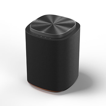 Speaker wireless nero di forma cilindrica.