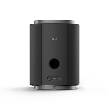 Subwoofer LG in design cilindrico nero fotografato su sfondo bianco.