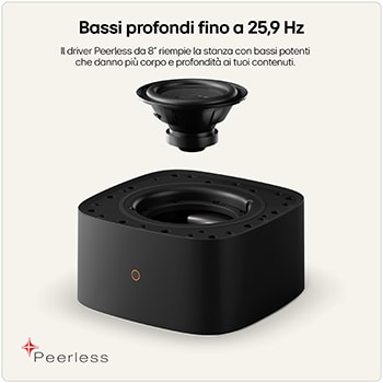 Subwoofer Peerless da 8 pollici con bassi profondi fino a 25,9 Hz.