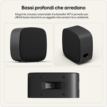 Subwoofer nero dal design compatto, visto frontalmente, lateralmente e dal retro.