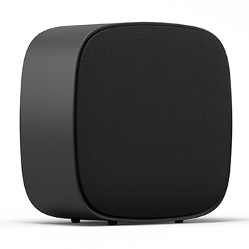 Speaker nero dal design moderno e arrotondato, fotografato su sfondo bianco.