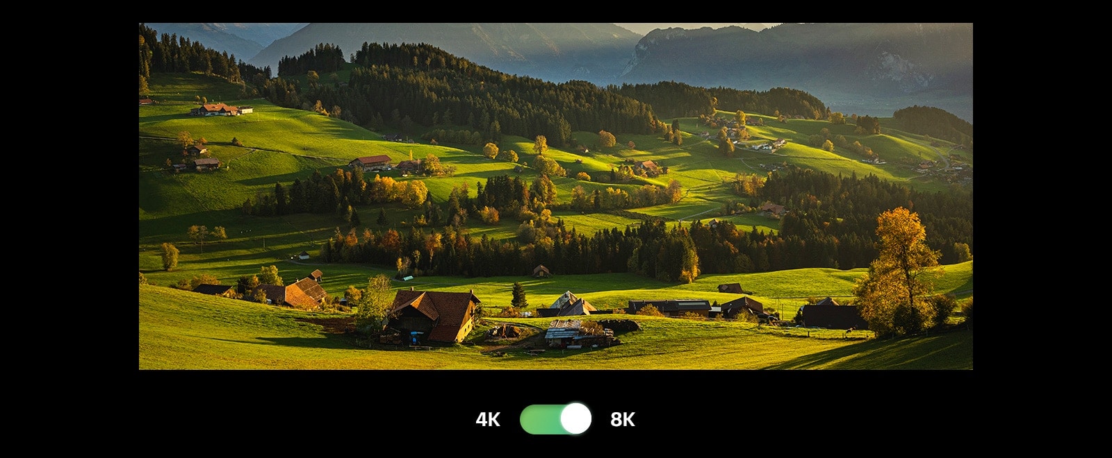 Vista panoramica di un campo coltivato con il cielo sullo sfondo. Sotto all’immagine, è presente un pulsante con la dicitura 4K a sinistra e 8K a destra. L’immagine diventa più luminosa quando il pulsante passa a 8K.