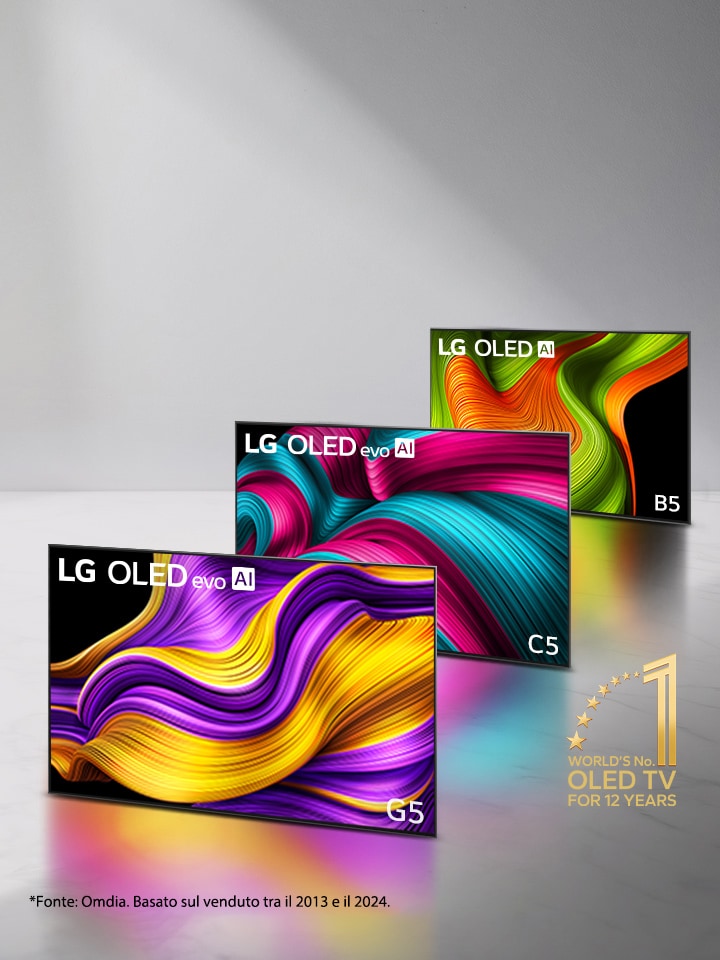 Gamma di tre televisori LG OLED evo AI in formazione, modelli C5, G5, e B5. L’emblema della OLED TV numero 1 al mondo da 12 anni si trova nell’angolo. 