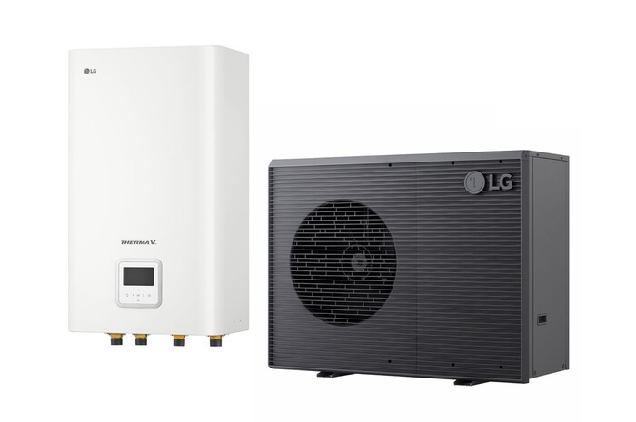 Pompa di calore aria-acqua LG THERMA V, unità esterna di colore nero con griglia grigia ondulata