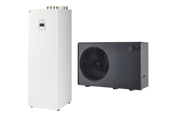 Pompa di calore aria-acqua LG THERMA V, unità esterna di colore nero con griglia grigia ondulata