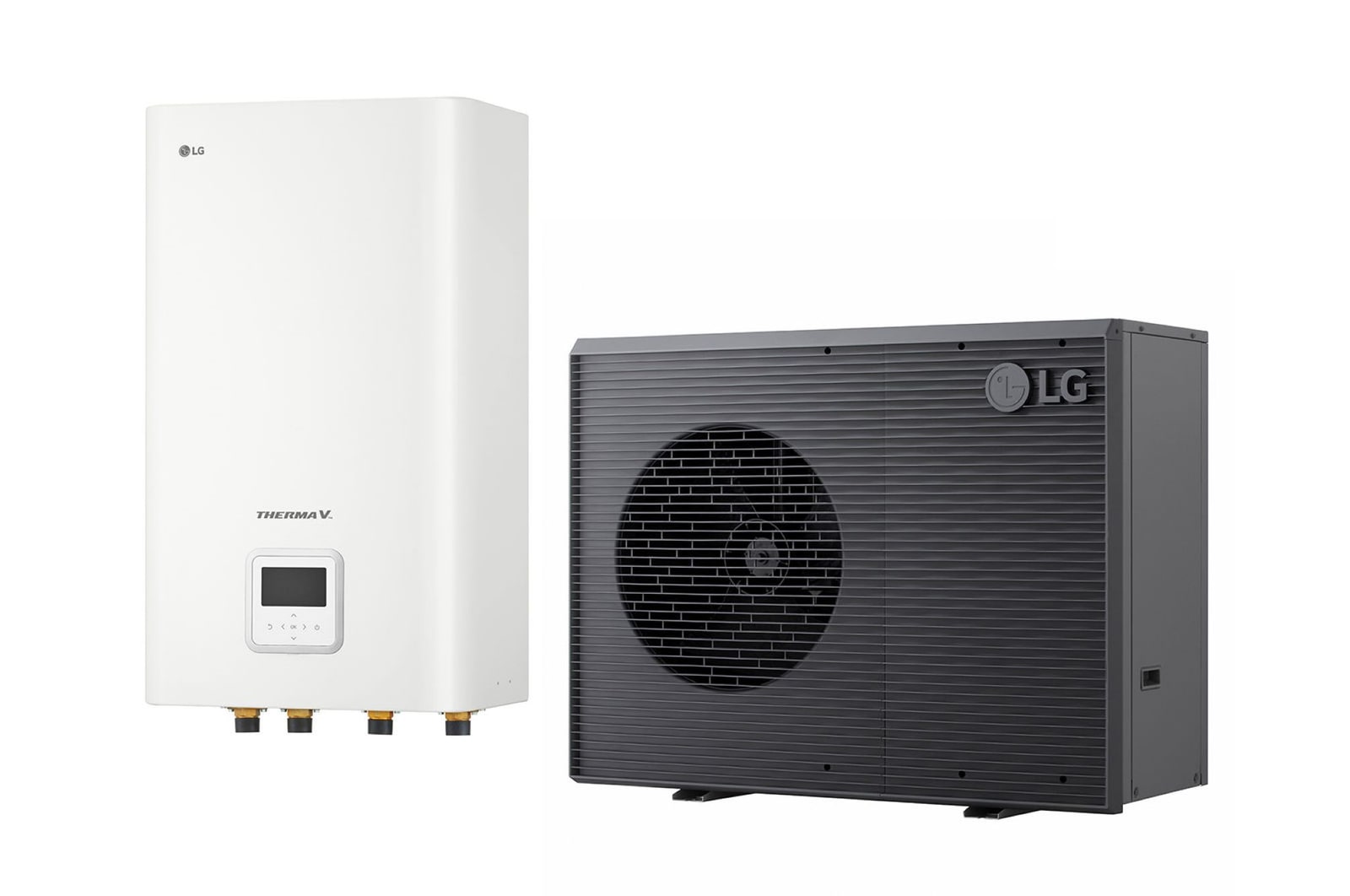 Pompa di calore aria-acqua LG THERMA V, unità esterna di colore nero con griglia grigia ondulata