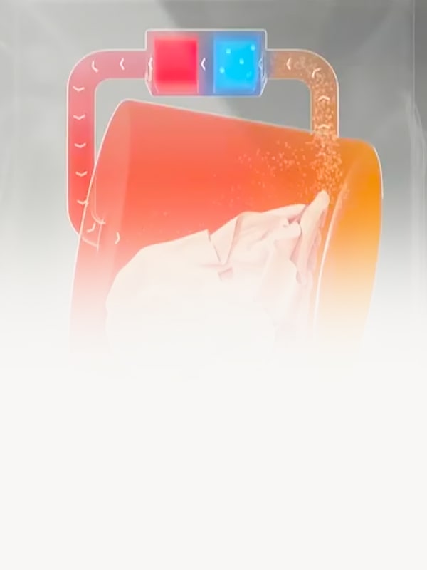 Asciugatrice LG in ambiente domestico con testo sull'aria calda riciclata mostra il sistema a pompa di calore.