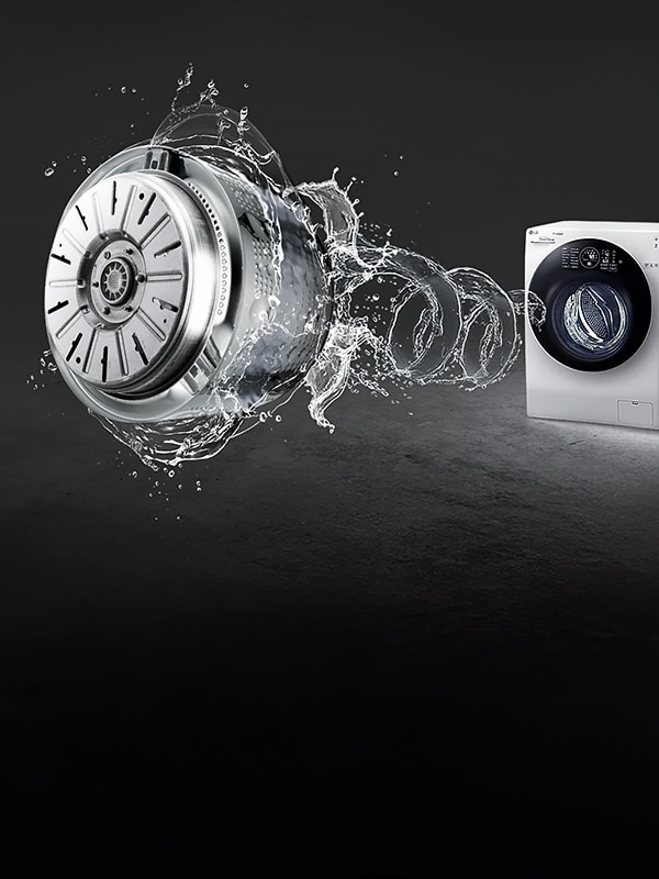 LG lavatrice con grafica del cesto rotante illustra la potenza del motore Inverter Direct Drive per prestazioni di lavaggio stabili e precise.