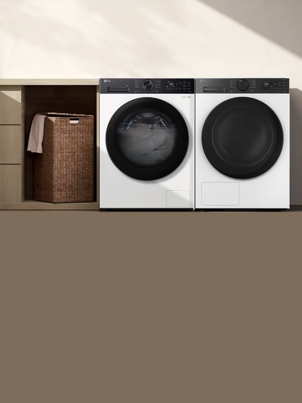 LG lavatrice e asciugatrice connesse da un'icona wireless mostrano Smart Pairing che sincronizza l'asciugatura al ciclo scelto.