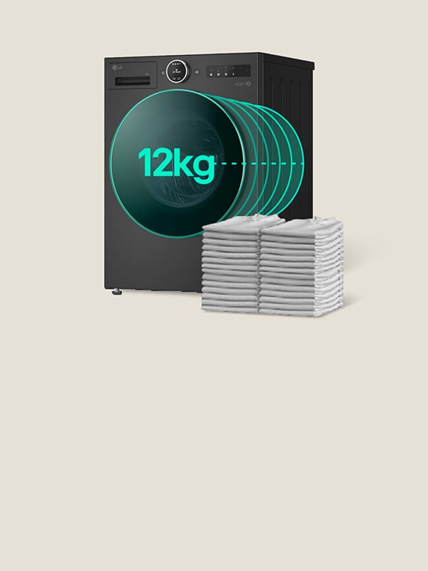LG lavatrice confronto tra cesti da 8kg e 12kg accanto a camicie impilate mostra come la capacità influisce sulla dimensione del carico.