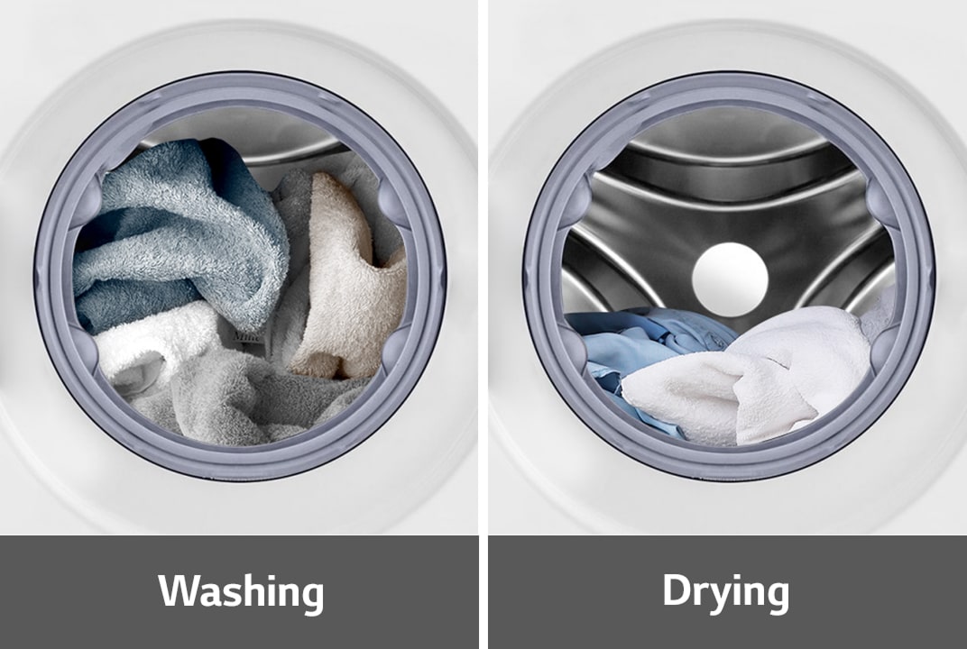 Due viste dell’interno del cestello. A sinistra una lavatrice completamente carica etichettata "Washing", a destra un carico ridotto etichettato "Drying", che illustra la differenza di capacità.
