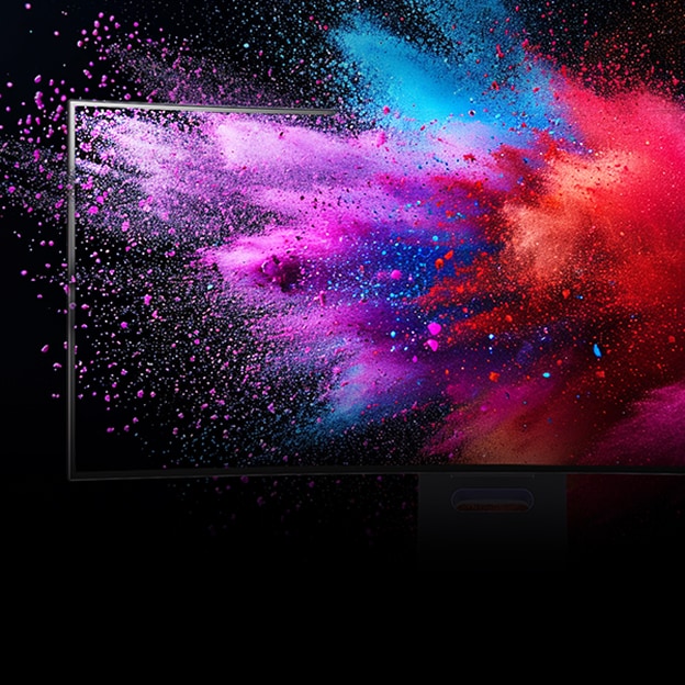 Monitor LG mostra esplosioni di polvere rosa e blu, illustra la luminosità HDR e la gamma colori DCI-P3.