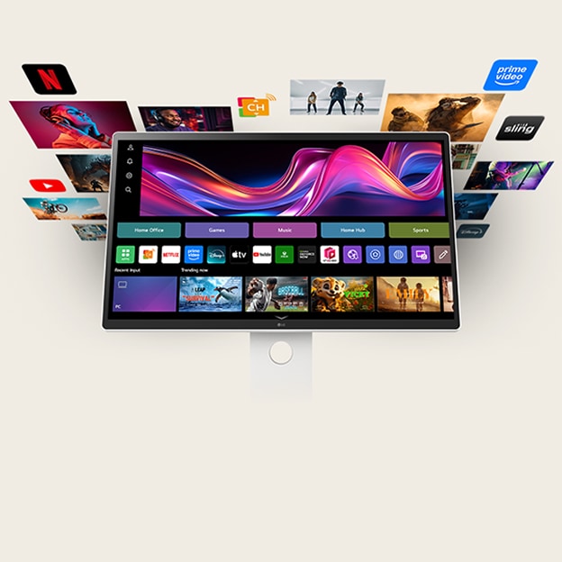 Monitor smart LG che mostra la schermata home di webOS con schede app e riquadri illustra l'interfaccia smart.