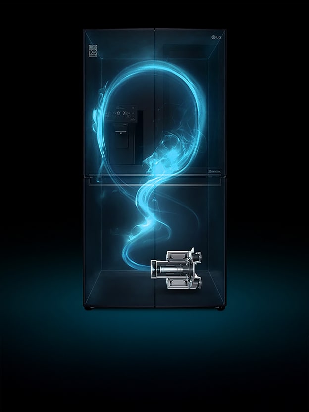 Illustrazione del frigo LG con flusso d'aria blu accanto al compressore mostra le prestazioni del compressore inverter.