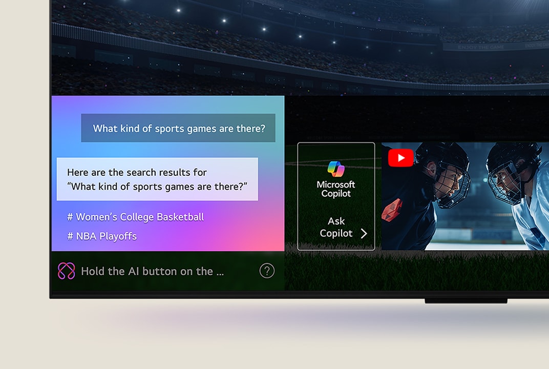 Primo piano dello schermo di un TV LG QNED che mostra il funzionamento di AI Search. Una piccola finestra di chat è aperta e mostra come l’utente chieda quali eventi sportivi siano disponibili. AI Search risponde tramite chat e mostrando le miniature dei contenuti disponibili. È inoltre visibile un prompt per rivolgersi a Microsoft Copilot.