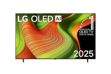 Vista frontale del TV LG OLED AI B5 4K Smart. Sullo schermo sono visibili l’emblema “12 anni come OLED numero 1 al mondo” e il logo “LG OLED AI 2025”.