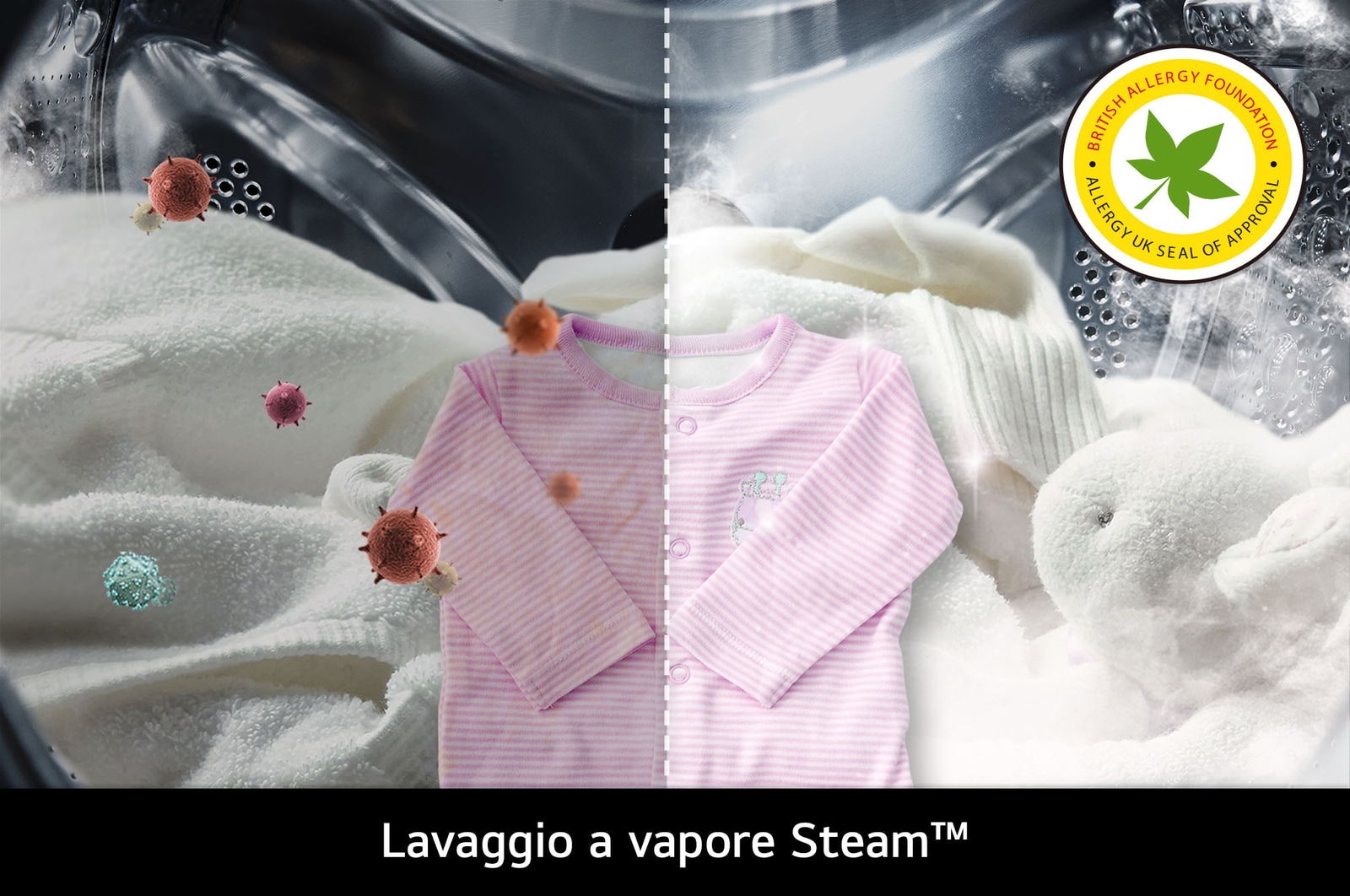  La tecnologia Steam™ di LG nella lavatrice F4R5009TSWW, che ne mostra l'effetto sulla riduzione degli allergeni, certificata dalla BAF.