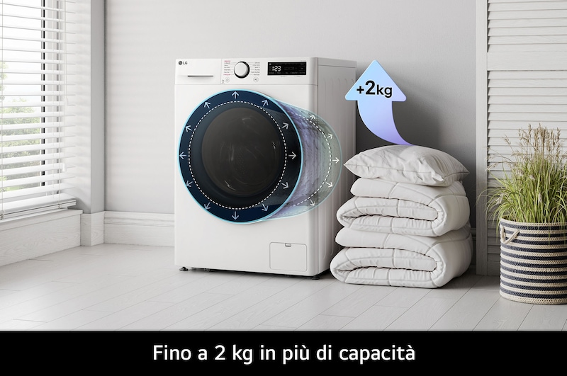 La lavatrice LG F4R3010NSWB bianca, che evidenzia la sua grande capacità del cesto di 10kg per lavare carichi più grandi in una sola volta.