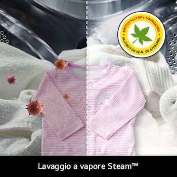 La tecnologia Steam™ di LG nella lavatrice F4R3710NSWW, che ne mostra l'effetto sulla riduzione degli allergeni, certificata dalla BAF.