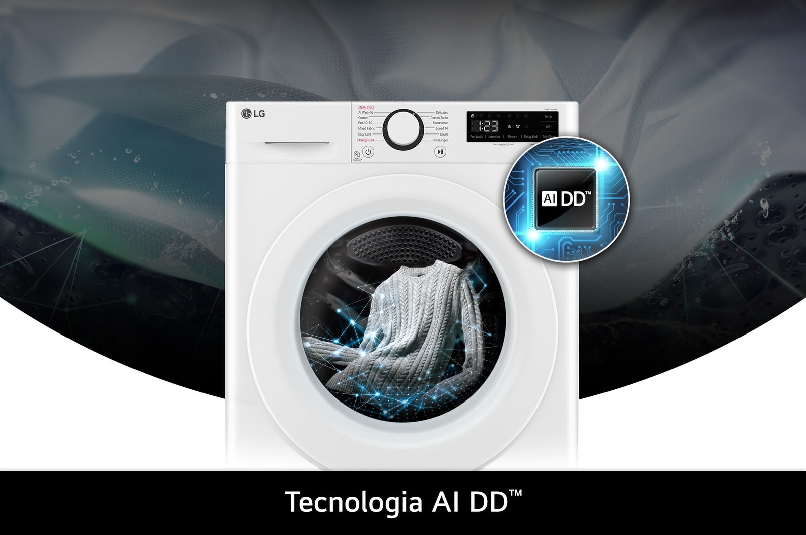 Lavatrice LG F4R3010NSWW da 10kg bianca, con tecnologia AI DD® che rileva intelligentemente il tessuto per una cura di lavaggio ottimale.