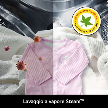 La tecnologia Steam™ di LG nella lavatrice F4R3010NSWW, che ne mostra l'effetto sulla riduzione degli allergeni, certificata dalla BAF.