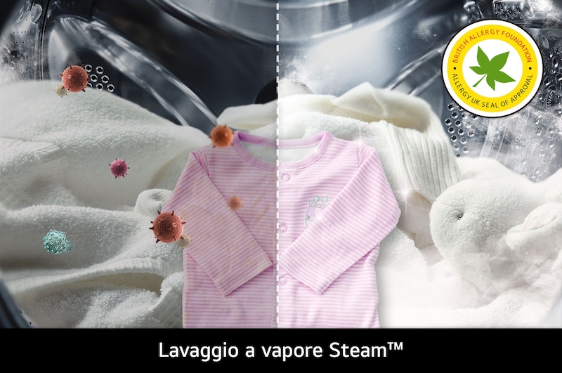 La tecnologia Steam™ di LG nella lavatrice F4R3711NSWS, che ne mostra l'effetto sulla riduzione degli allergeni, certificata dalla BAF.