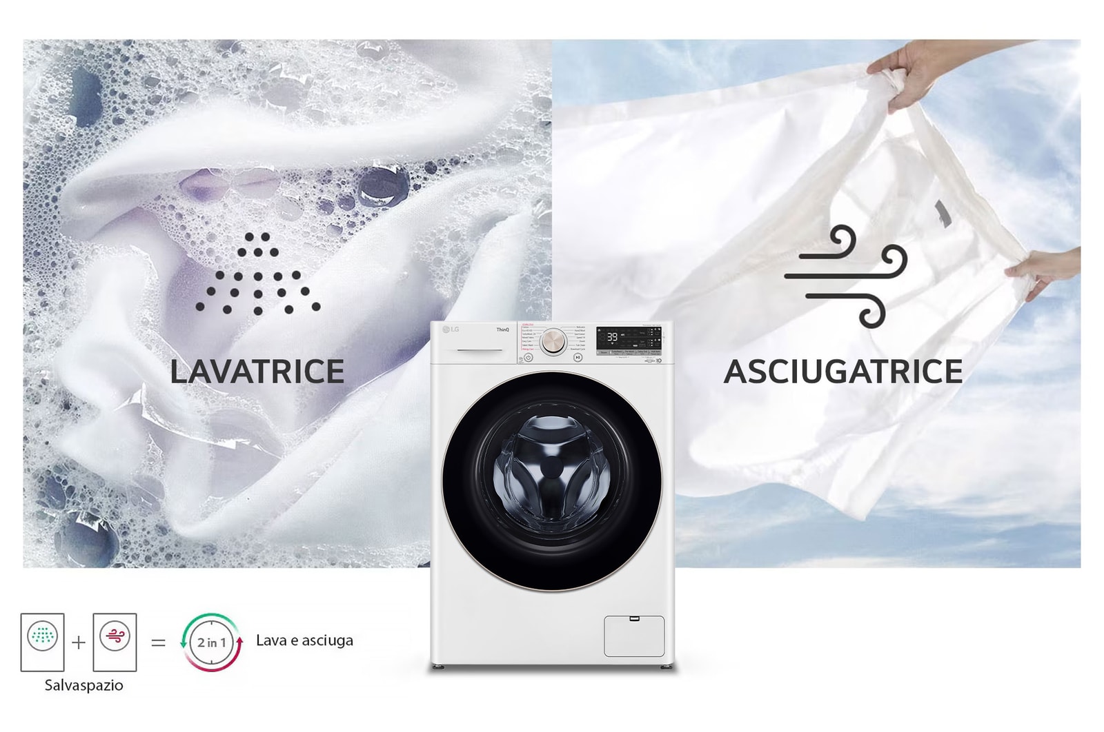 La lavasciuga LG D4R7011TSWG bianca, con capacità di 11kg in lavaggio e 6 kg in asciugatura, che ne illustra la funzionalità 2-in-1.