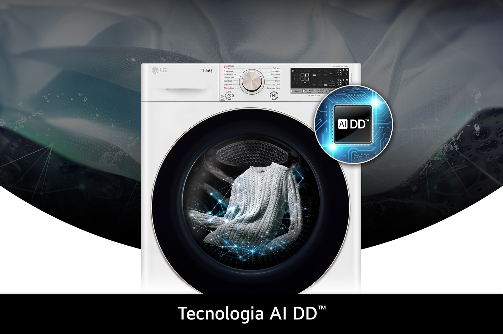 Lavatrice LG D4R7011TSWG da 11/6kg bianca, con tecnologia AI DD® che rileva intelligentemente il tessuto per una cura di lavaggio ottimale.