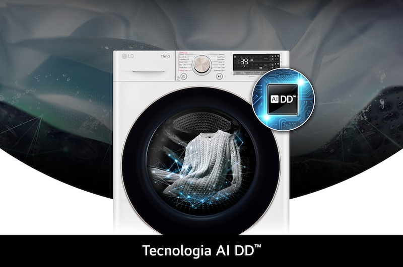 Lavatrice LG D4R7011TSWG da 11/6kg bianca, con tecnologia AI DD® che rileva intelligentemente il tessuto per una cura di lavaggio ottimale.