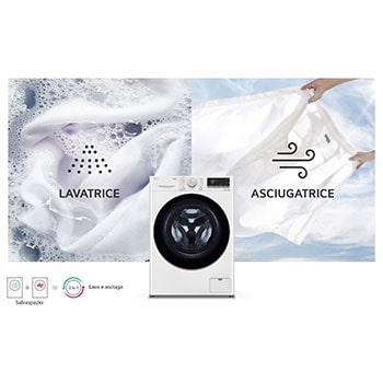 La lavasciuga LG D4R7011TSWG bianca, con capacità di 11kg in lavaggio e 6 kg in asciugatura, che ne illustra la funzionalità 2-in-1.