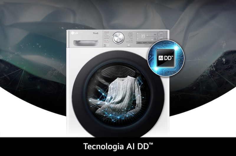 Lavatrice LG D4R9513TPWC da 13/7kg bianca, con tecnologia AI DD® che rileva intelligentemente il tessuto per una cura di lavaggio ottimale.