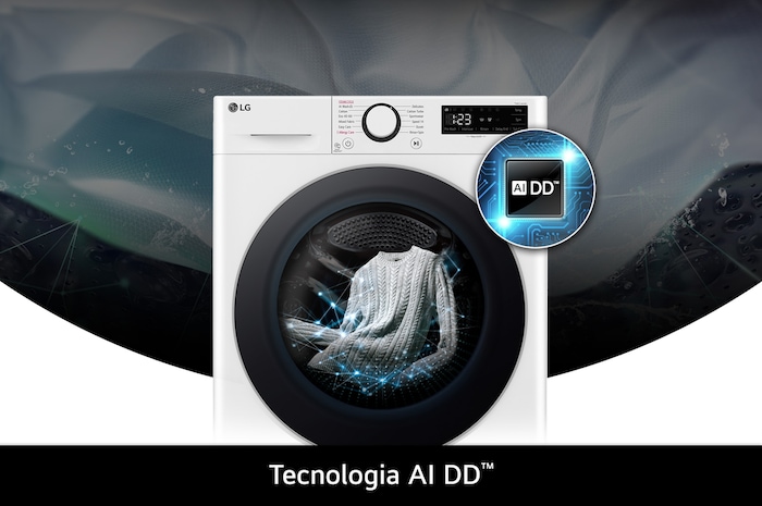 Lavatrice LG D4R5010TSWS da 10/6kg bianca, con tecnologia AI DD® che rileva intelligentemente il tessuto per una cura di lavaggio ottimale.