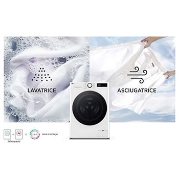 La lavasciuga LG D4R5010TSWS bianca, con capacità di 10kg in lavaggio e 6 kg in asciugatura, che ne illustra la funzionalità 2-in-1.