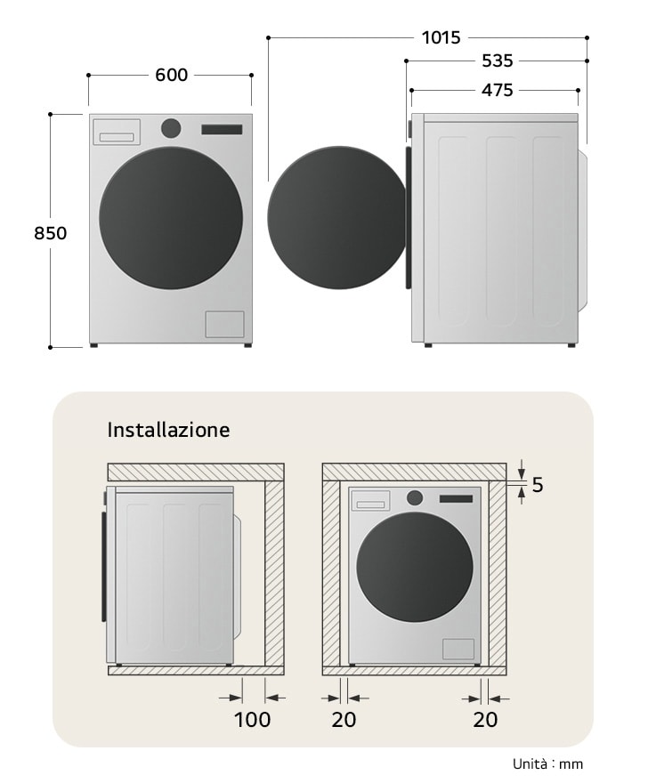 Disegno tecnico lavatrice LG: L 600, A 850, P 475 mm (sportello aperto 1015 mm), incl. spazi per l'installazione.