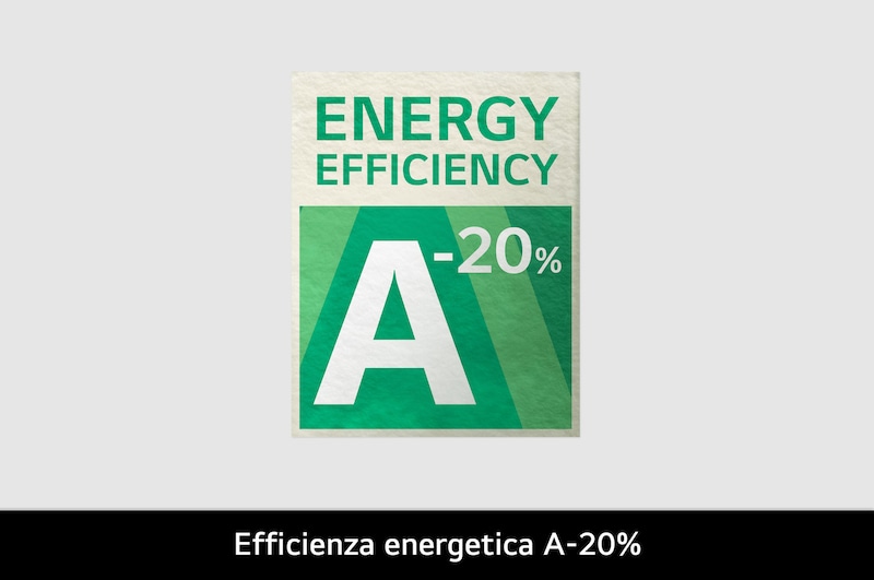 L'etichetta ufficiale di Efficienza Energetica della lavatrice LG D2R3S08AIDD, che mostra la sua classe di alta efficienza A-20%.