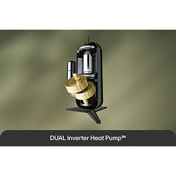 Asciugatrice LG RH90V5AV6N mostra la Tecnologia **Pompa di Calore DUAL Inverter™**: sezione del compressore con due rotori dorati che evidenziano efficienza e durata.