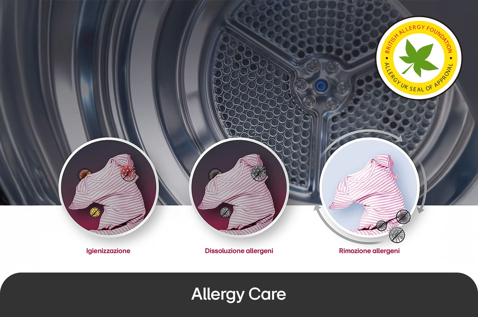 Asciugatrice LG RH10V9AV4W mostra il ciclo **Allergy Care**: visualizzazione della rimozione del 99,9% degli allergeni (es. acari) dal bucato, certificato BAF.