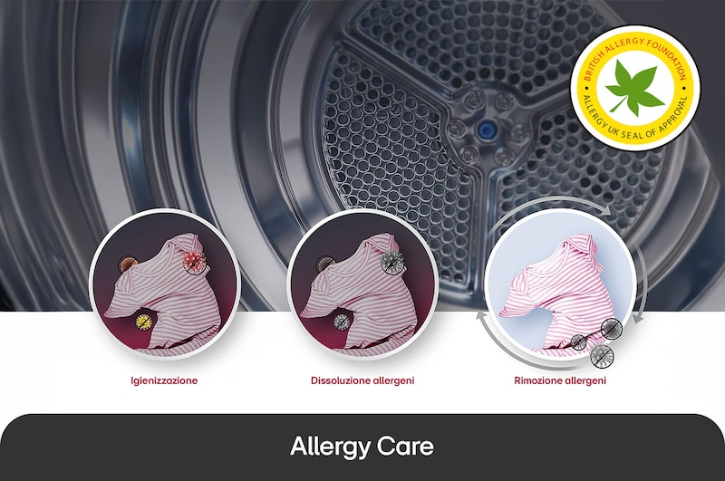 Asciugatrice LG RH10V9AV4W mostra il ciclo **Allergy Care**: visualizzazione della rimozione del 99,9% degli allergeni (es. acari) dal bucato, certificato BAF.