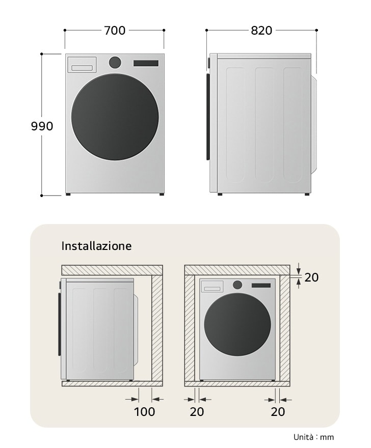 Asciugatrice LG disegno tecnico: dimensioni (A 990, L 700, P 820 mm) e spazi minimi per l'installazione, inclusi 20 mm di spazio laterale.