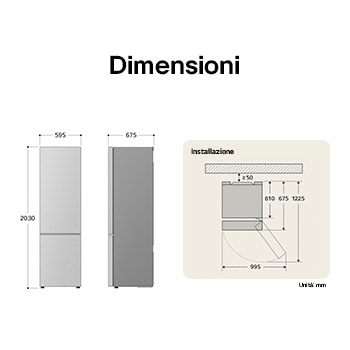 Frigorifero combinato LG  disegno tecnico: A 2030, L 595, P 675 mm, con misure di installazione e $\ge$50 mm di spazio dalla parete.
