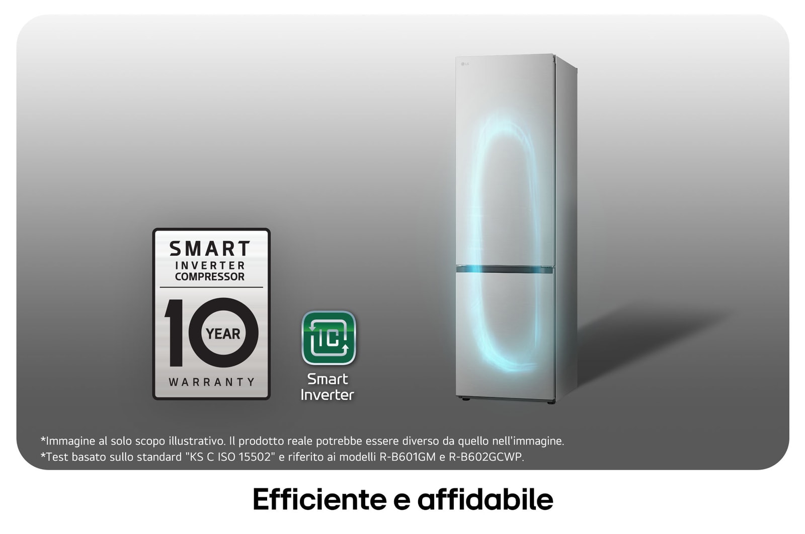 Frigorifero combinato LG GBV7280DPY con logo Smart Inverter Compressor, mostra la garanzia di 10 anni e l'efficienza energetica migliorata.
