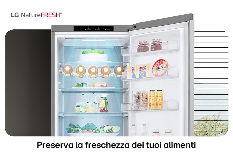 Frigorifero combinato LG GBV7280DPY mostra l'interno NatureFRESH con portabottiglie e cassetti per prolungata freschezza di frutta e verdura.