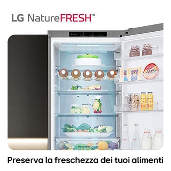 Frigorifero combinato LG GBV7280DPY mostra l'interno NatureFRESH con portabottiglie e cassetti per prolungata freschezza di frutta e verdura.