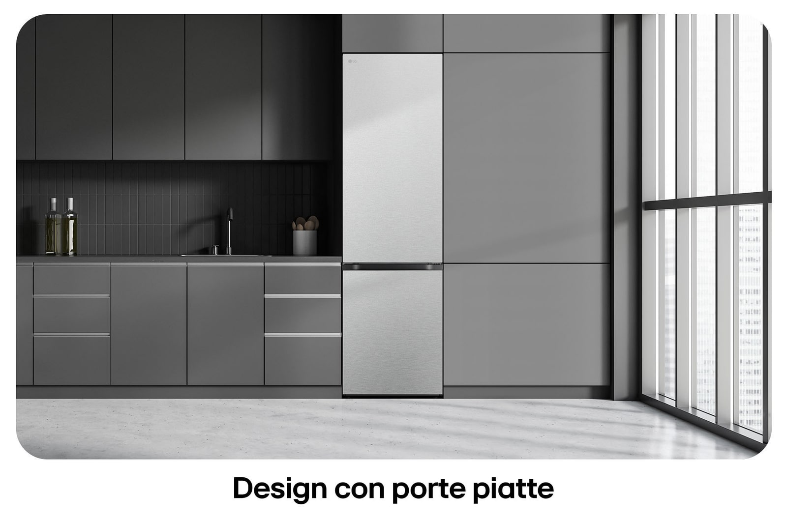 Frigorifero combinato LG GBV7280DMB Metal Sorbet, mostra il design Flat Door alto 203 cm e la perfetta integrazione elegante nell'arredamento.