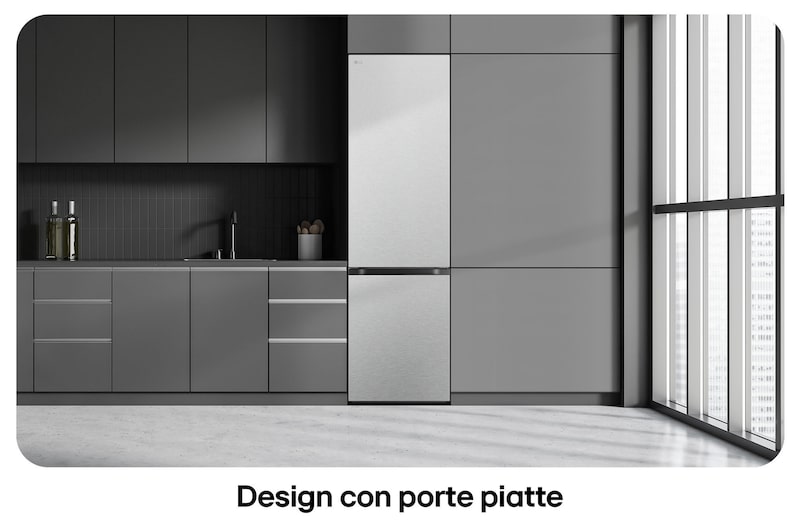 Frigorifero combinato LG GBV7280DMB Metal Sorbet, mostra il design Flat Door alto 203 cm e la perfetta integrazione elegante nell'arredamento.