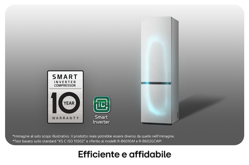 Frigorifero combinato LG GBV7280DMB con logo Smart Inverter Compressor, mostra la garanzia di 10 anni e l'efficienza energetica migliorata.