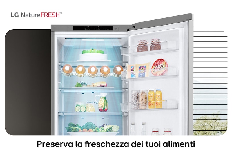Frigorifero combinato LG GBV7280DMB mostra l'interno NatureFRESH con portabottiglie e cassetti per prolungata freschezza di frutta e verdura.